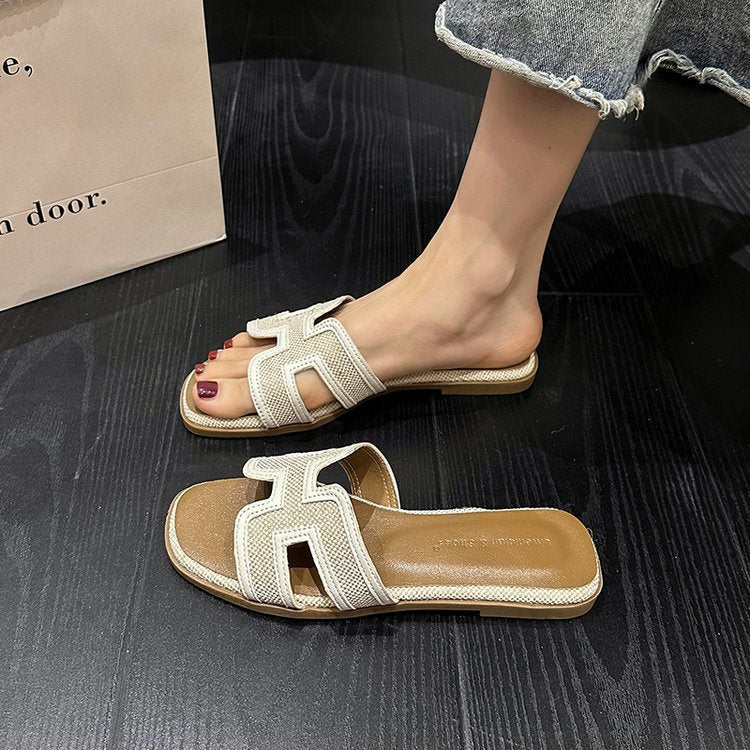 Sandals for Women Leather Outside Summer Casual Flats Slip-on
