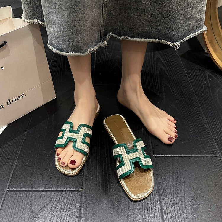 Sandals for Women Leather Outside Summer Casual Flats Slip-on