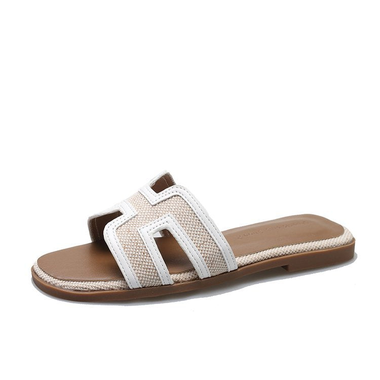 Sandals for Women Leather Outside Summer Casual Flats Slip-on