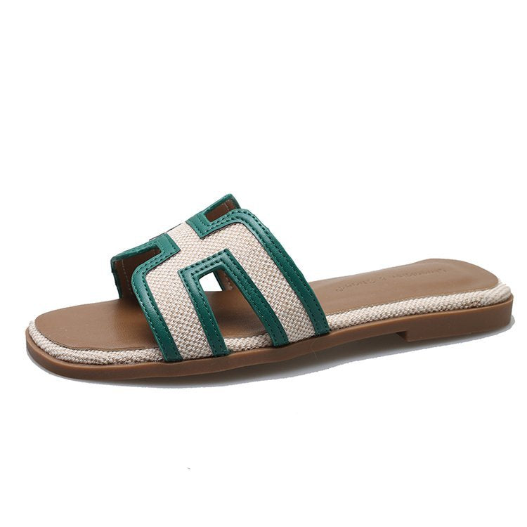 Sandals for Women Leather Outside Summer Casual Flats Slip-on