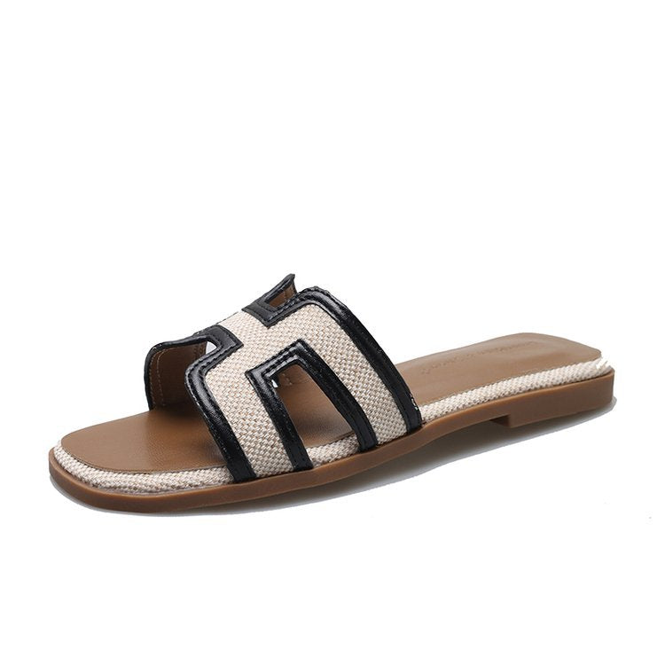 Sandals for Women Leather Outside Summer Casual Flats Slip-on