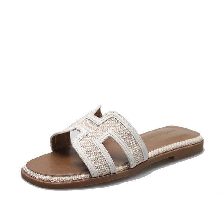 Sandals for Women Leather Outside Summer Casual Flats Slip-on