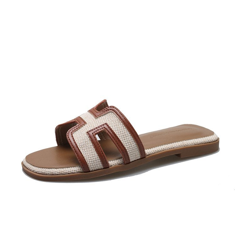 Sandals for Women Leather Outside Summer Casual Flats Slip-on