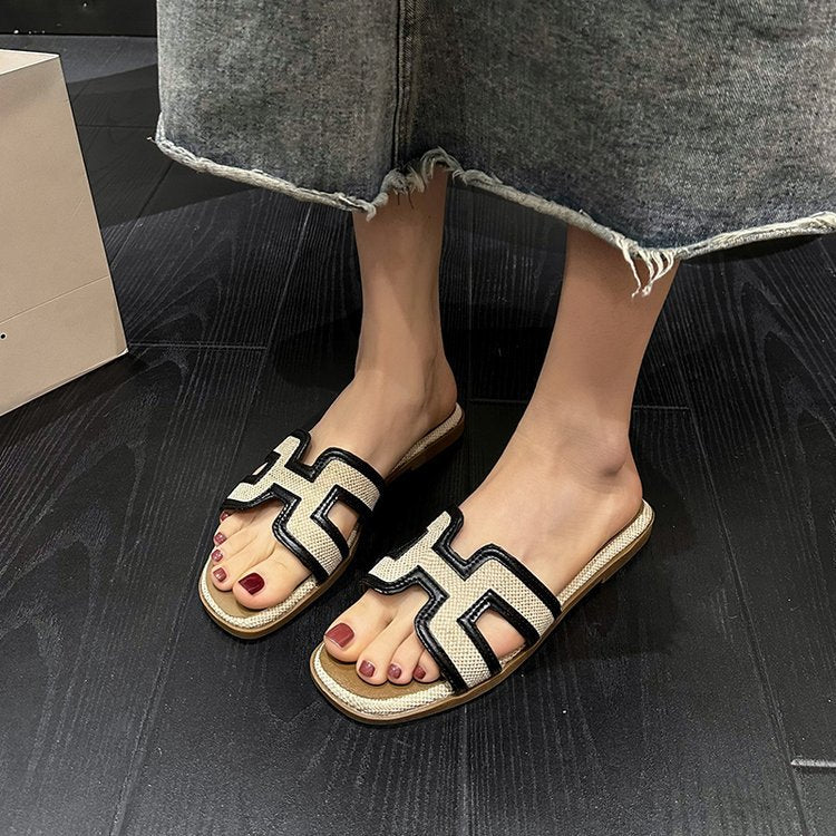 Sandals for Women Leather Outside Summer Casual Flats Slip-on