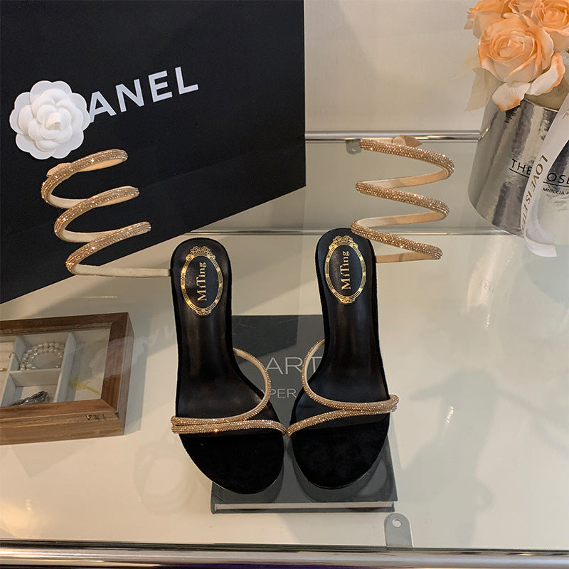 Open toe snake-shaped ring ankle strap stiletto heels