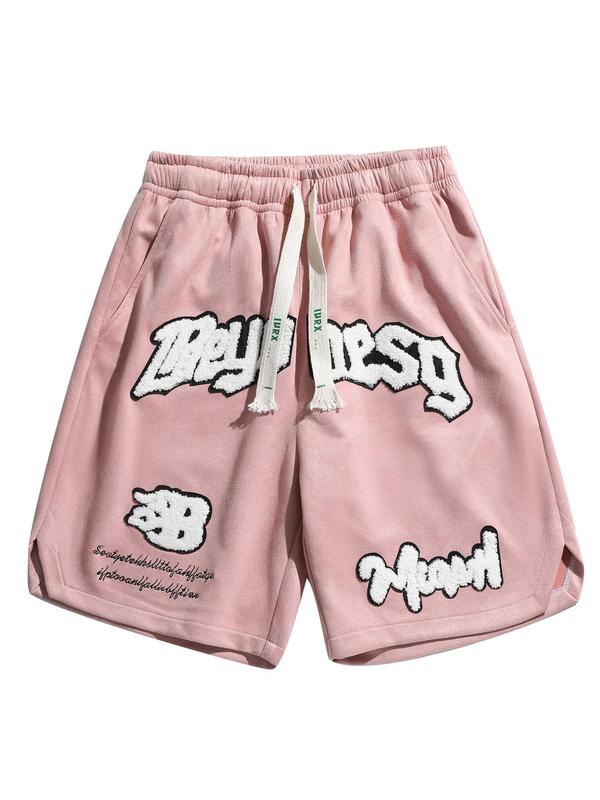 Men's Letter Embroidery Patched Drawstring Waist Suede Shorts
