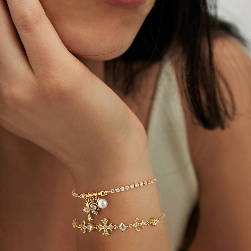 GANIA Double Bracelets for Women, Snowflake Cross Adjustable Double Layered Bracelets Sparkle Jewelry