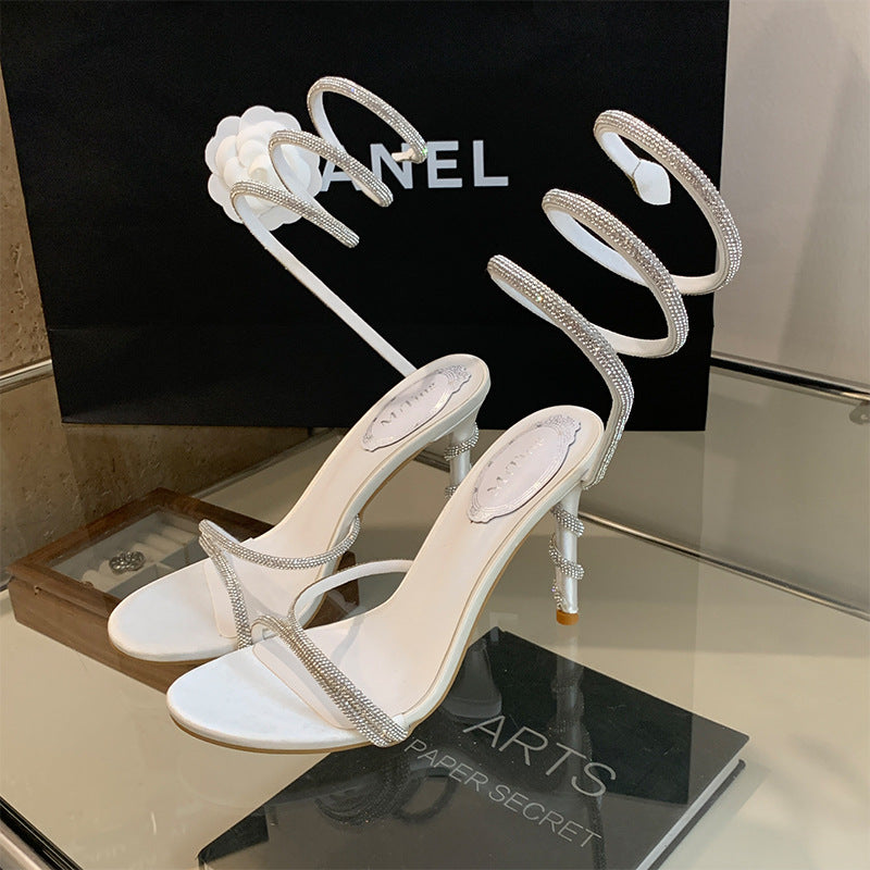 Open toe snake-shaped ring ankle strap stiletto heels