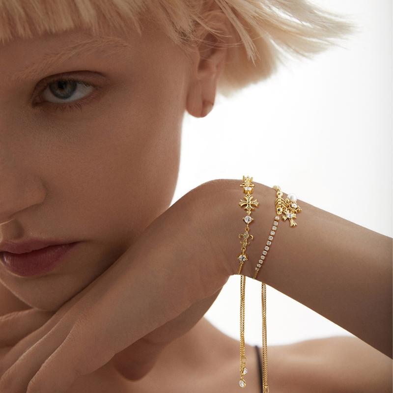 GANIA Double Bracelets for Women, Snowflake Cross Adjustable Double Layered Bracelets Sparkle Jewelry