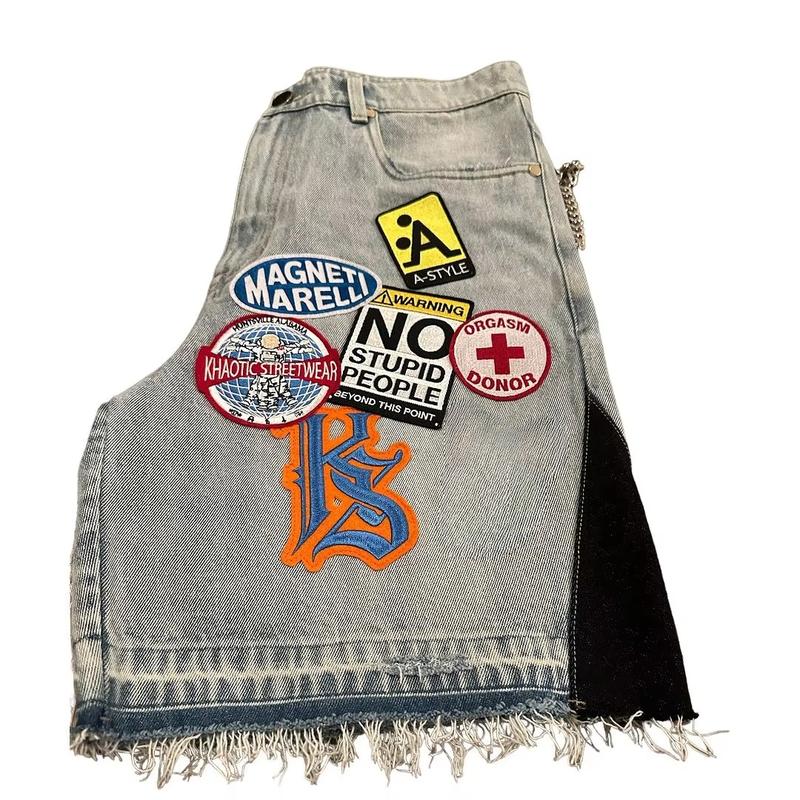 Streetwear Retro Patchwork Denim Short Y2K Jeans Men Women Hip Hop Cartoon Graphics Retro Blue Loose Denim Fitness Casual Shorts