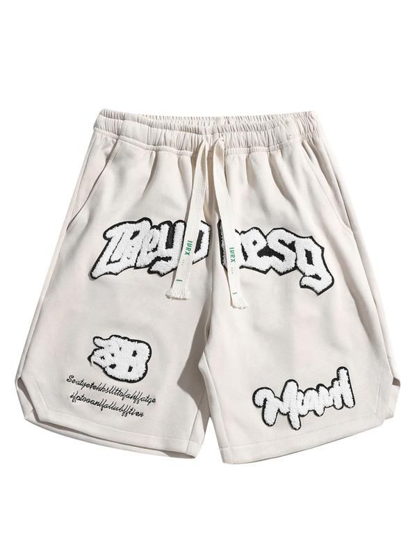 Men's Letter Embroidery Patched Drawstring Waist Suede Shorts