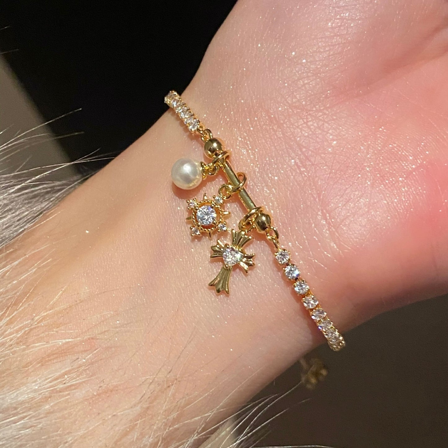 GANIA Double Bracelets for Women, Snowflake Cross Adjustable Double Layered Bracelets Sparkle Jewelry