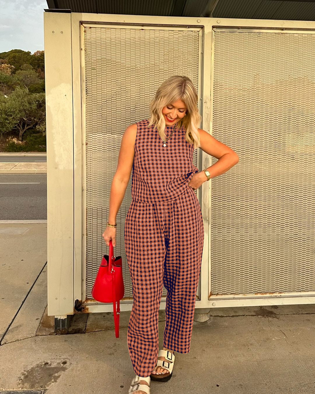 Gingham Casual Sleeveless Vest and Pants Set