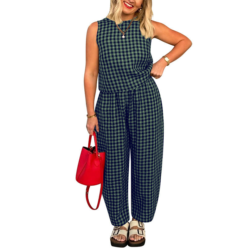 Gingham Casual Sleeveless Vest and Pants Set