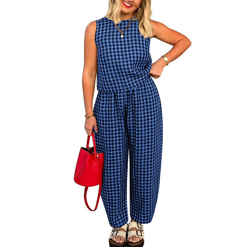 Gingham Casual Sleeveless Vest and Pants Set