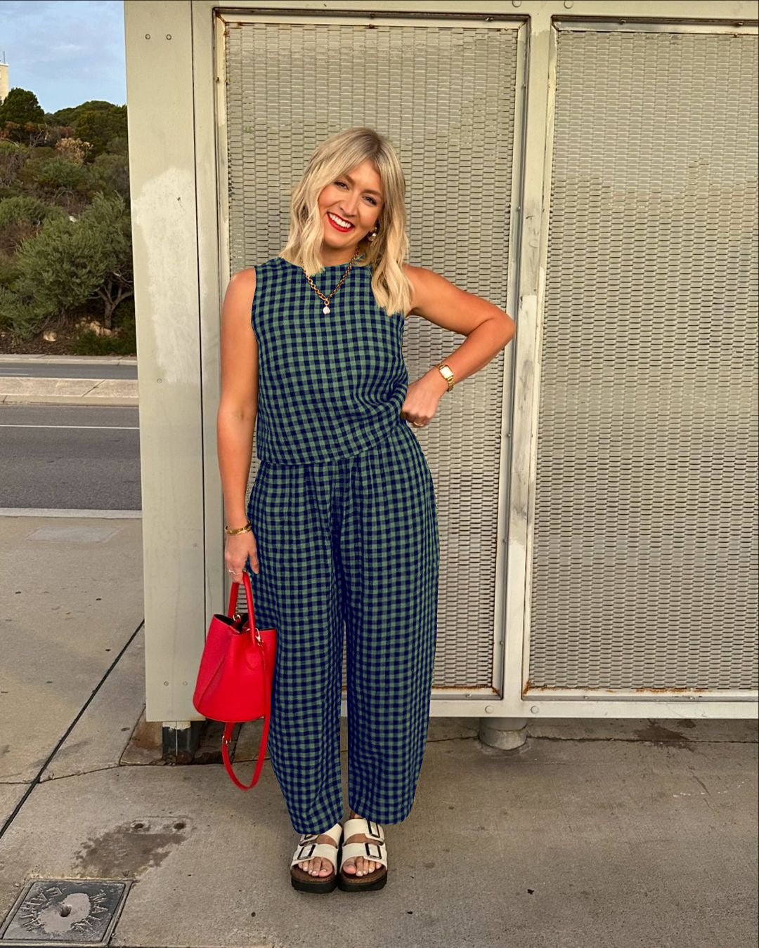 Gingham Casual Sleeveless Vest and Pants Set