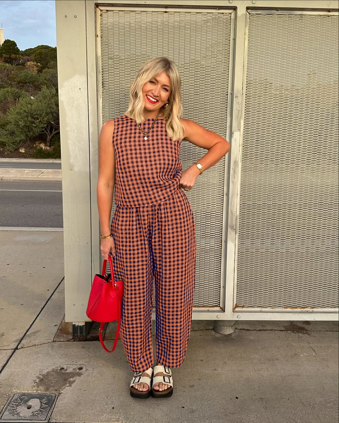 Gingham Casual Sleeveless Vest and Pants Set