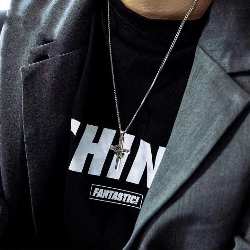 Stainless Steel Cross Bible Ring Necklace