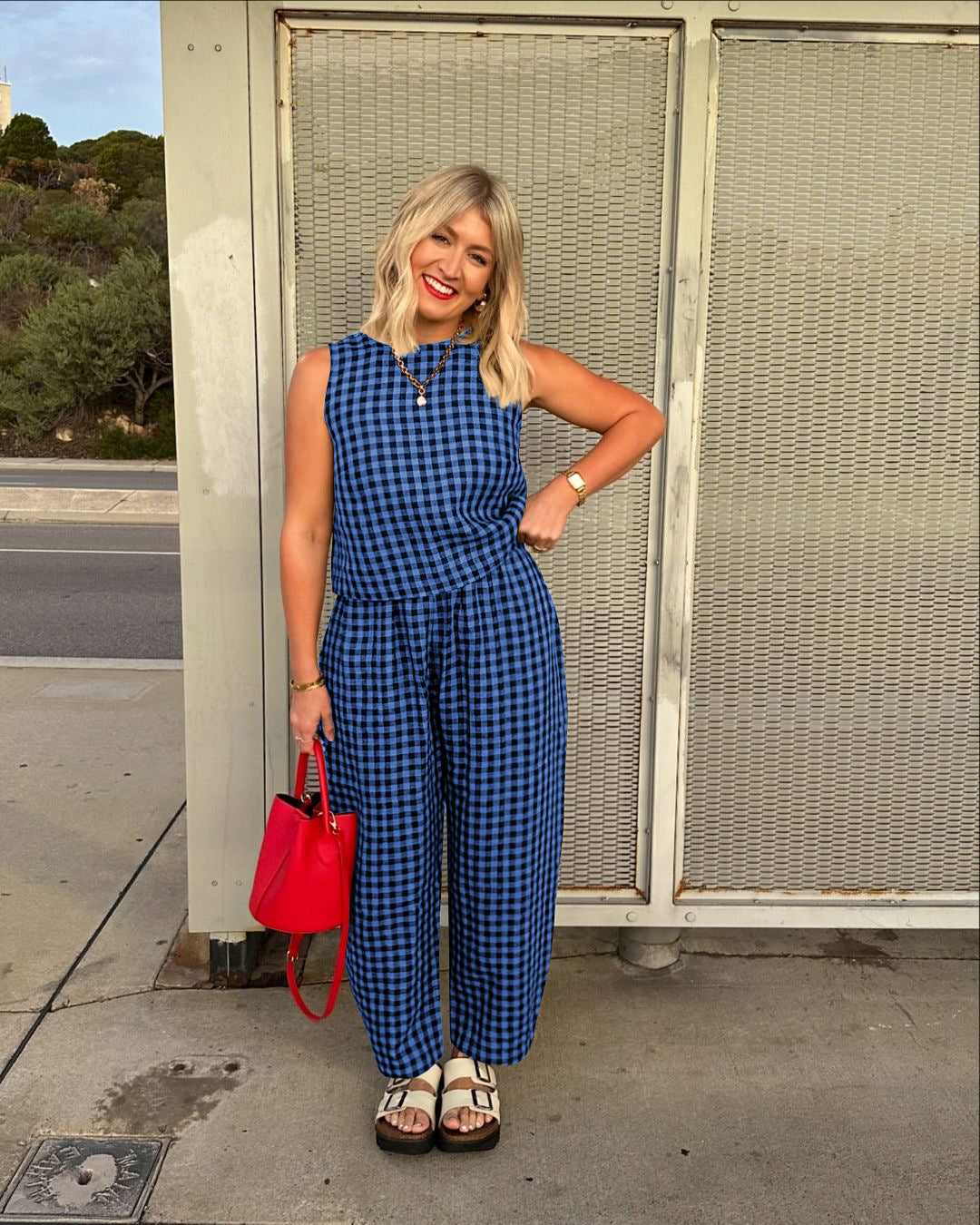 Gingham Casual Sleeveless Vest and Pants Set