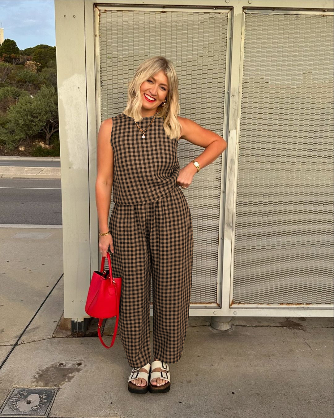 Gingham Casual Sleeveless Vest and Pants Set