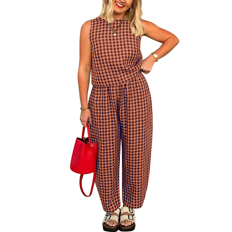 Gingham Casual Sleeveless Vest and Pants Set