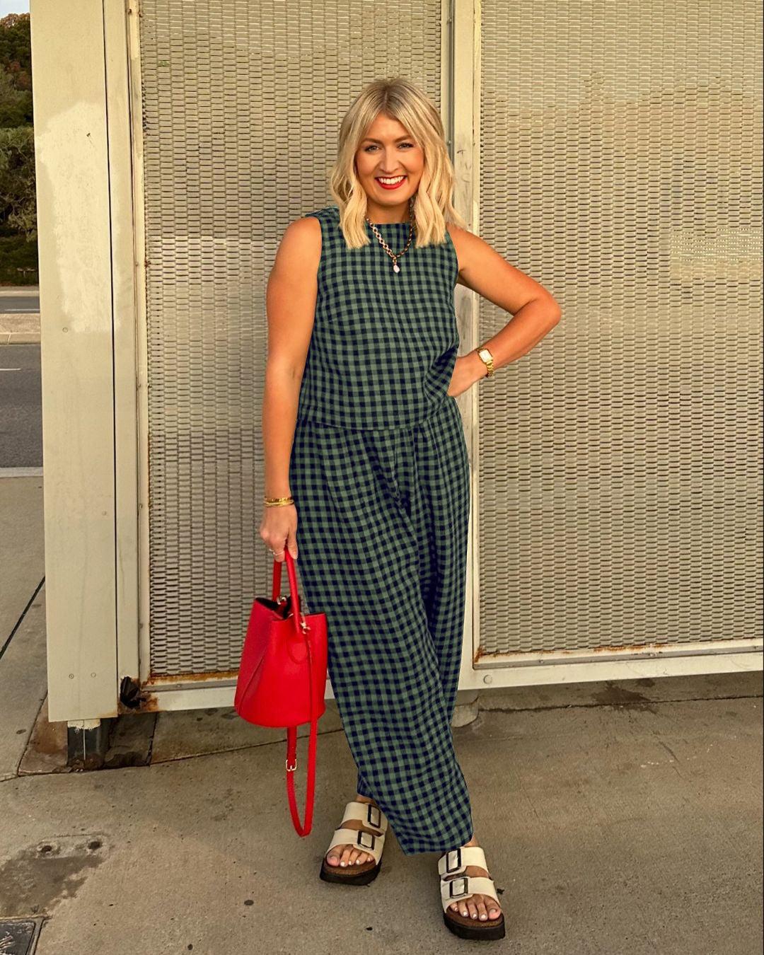 Gingham Casual Sleeveless Vest and Pants Set