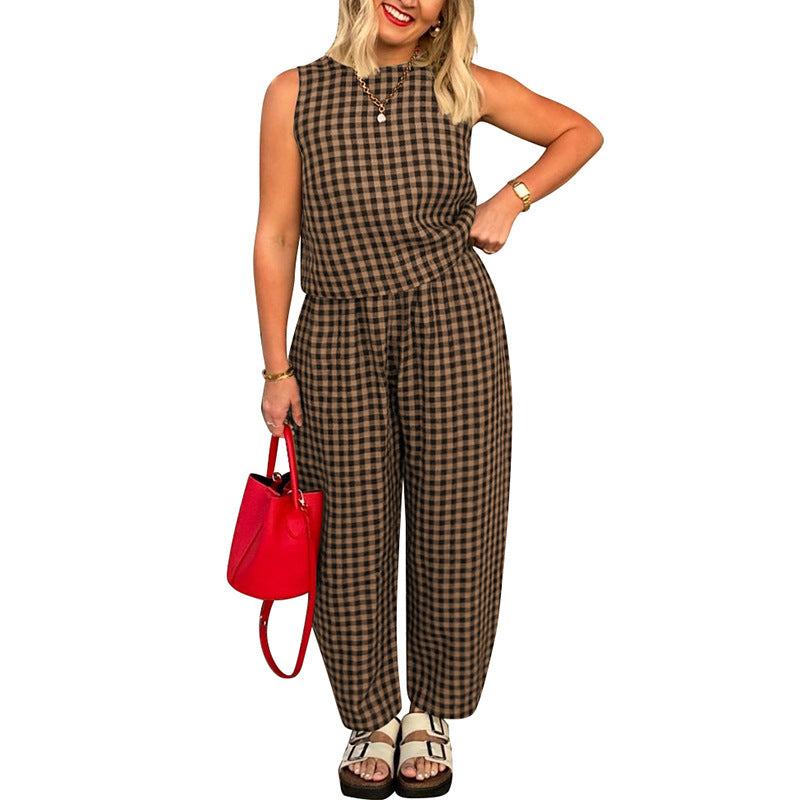 Gingham Casual Sleeveless Vest and Pants Set