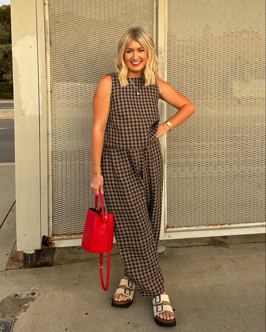 Gingham Casual Sleeveless Vest and Pants Set