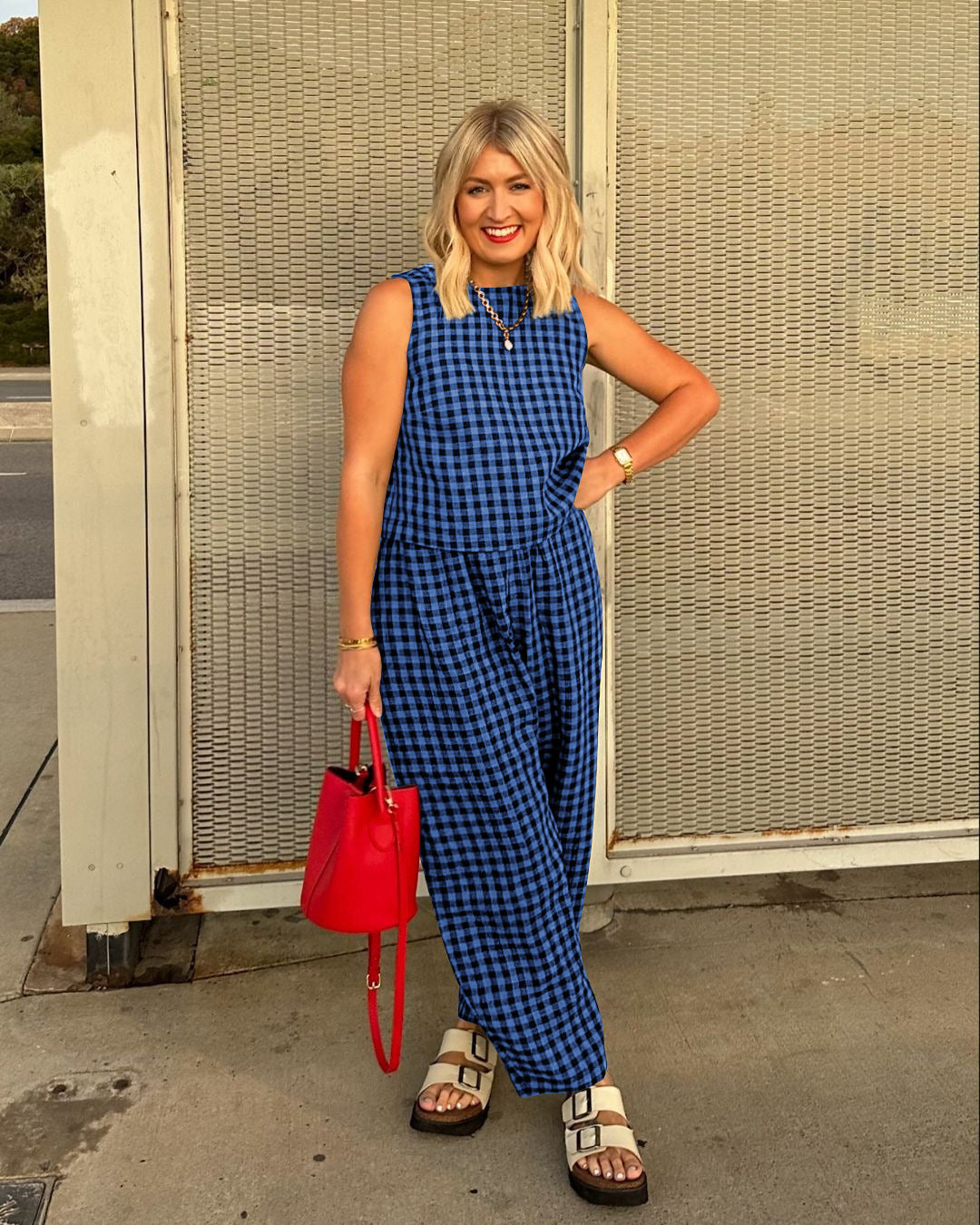 Gingham Casual Sleeveless Vest and Pants Set