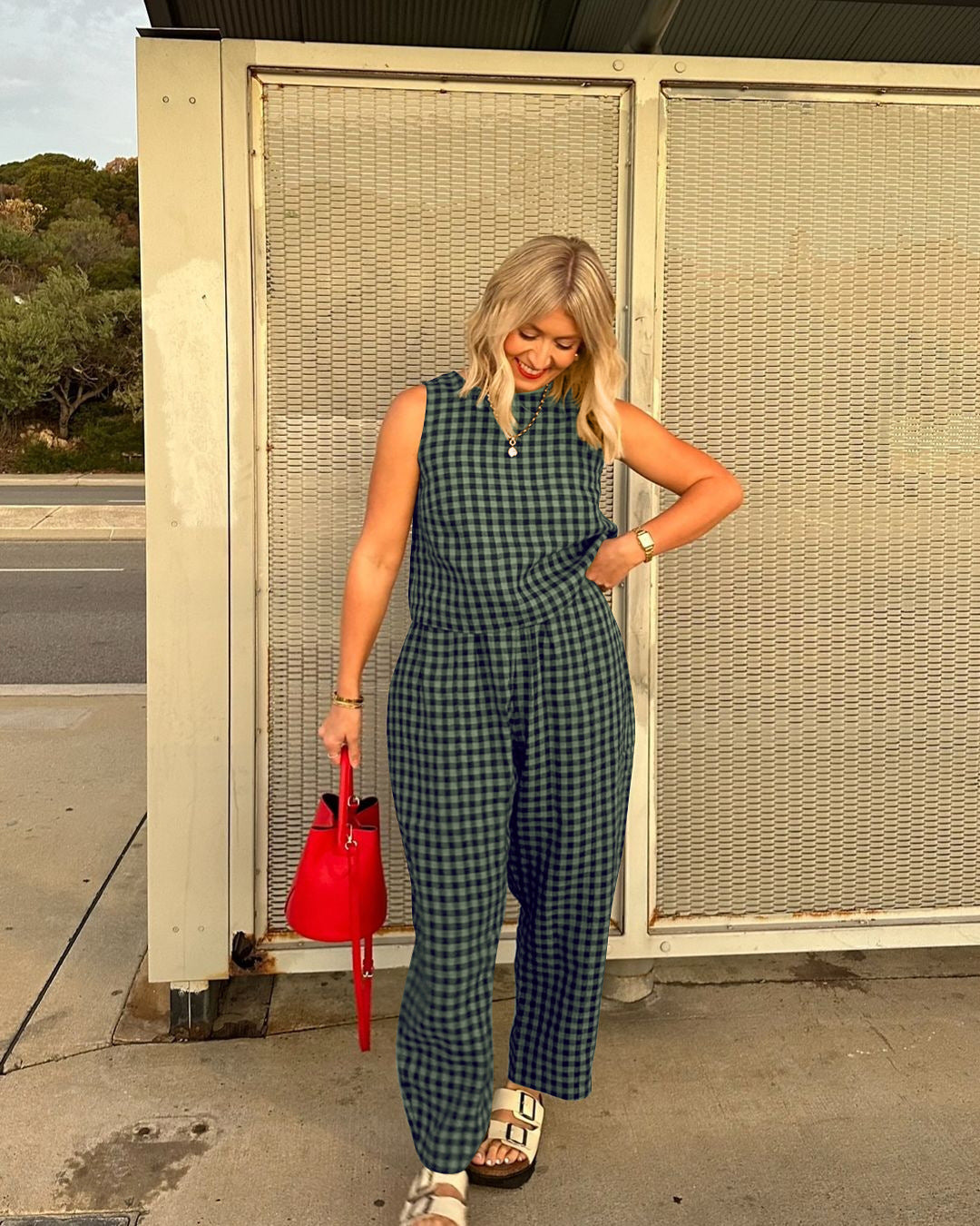 Gingham Casual Sleeveless Vest and Pants Set