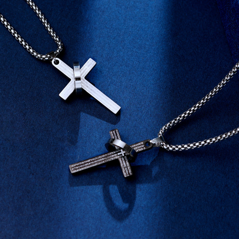 Stainless Steel Cross Bible Ring Necklace