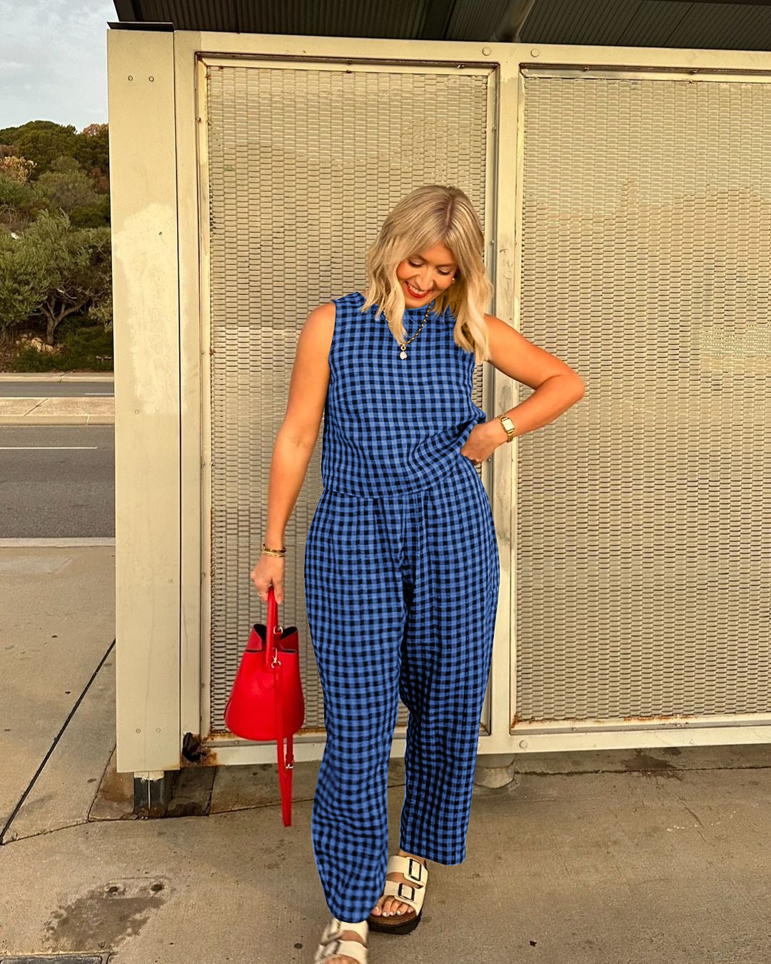 Gingham Casual Sleeveless Vest and Pants Set