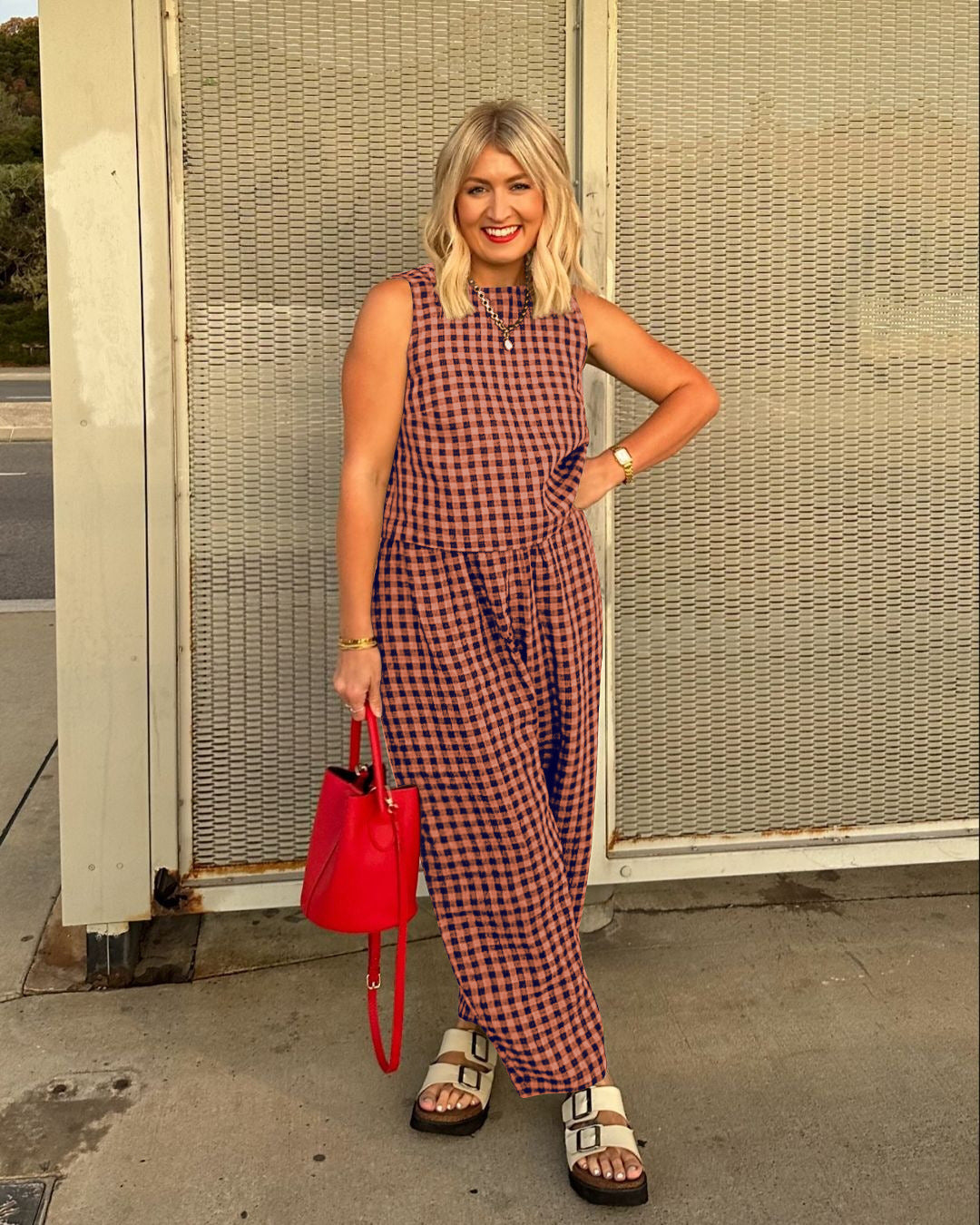 Gingham Casual Sleeveless Vest and Pants Set
