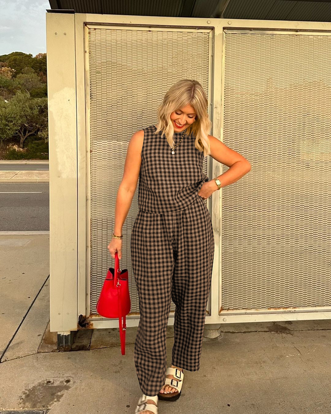 Gingham Casual Sleeveless Vest and Pants Set