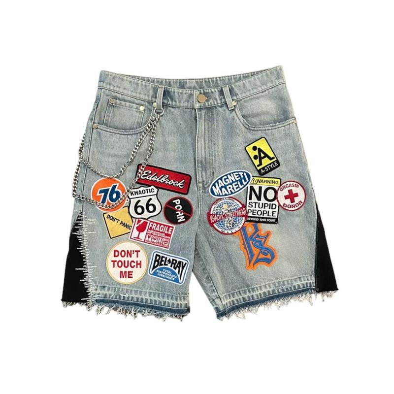 Streetwear Retro Patchwork Denim Short Y2K Jeans Men Women Hip Hop Cartoon Graphics Retro Blue Loose Denim Fitness Casual Shorts