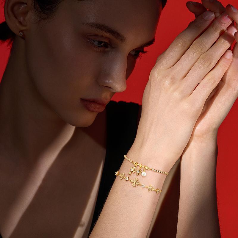 GANIA Double Bracelets for Women, Snowflake Cross Adjustable Double Layered Bracelets Sparkle Jewelry