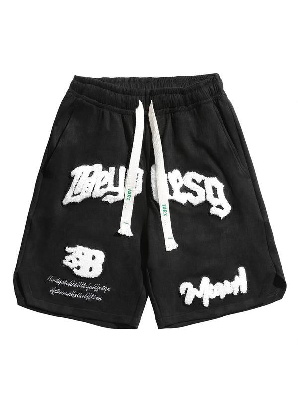 Men's Letter Embroidery Patched Drawstring Waist Suede Shorts