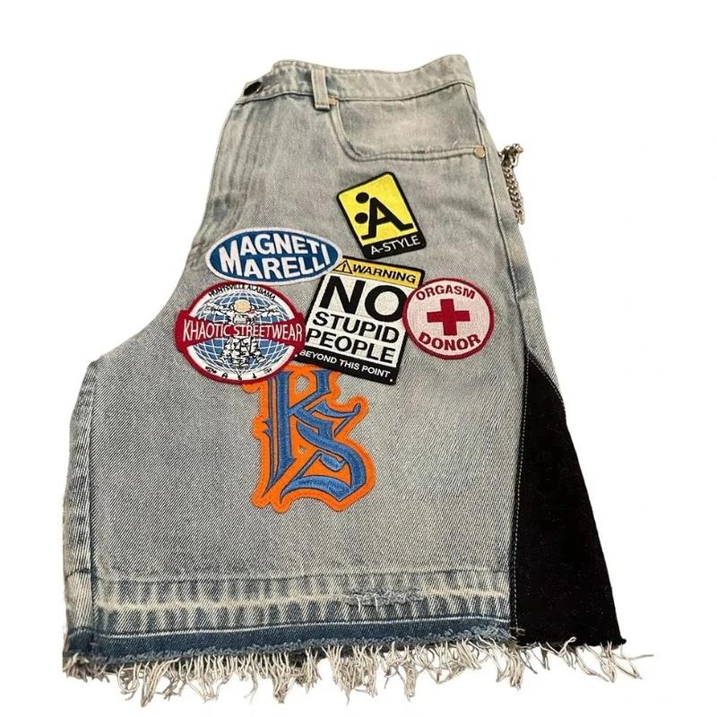 Streetwear Retro Patchwork Denim Short Y2K Jeans Men Women Hip Hop Cartoon Graphics Retro Blue Loose Denim Fitness Casual Shorts