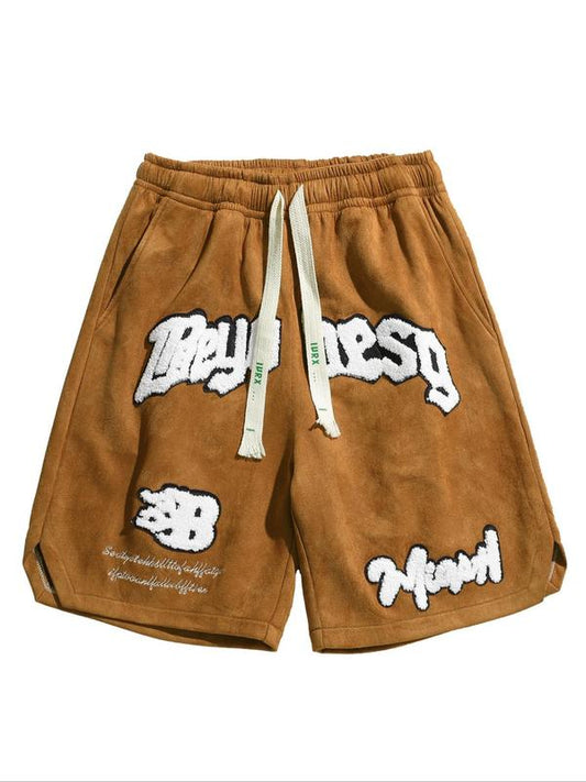 Men's Letter Embroidery Patched Drawstring Waist Suede Shorts