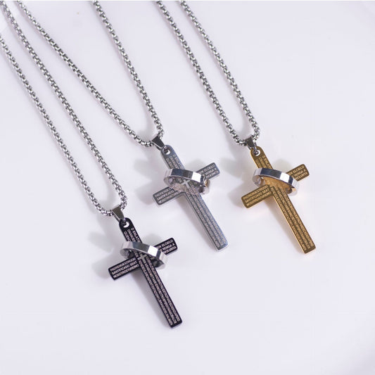 Stainless Steel Cross Bible Ring Necklace