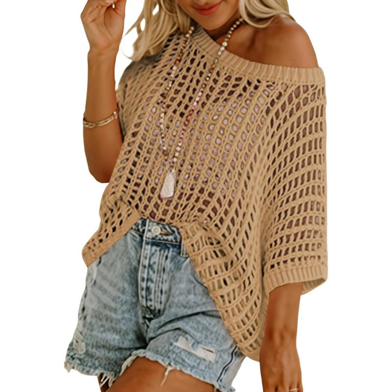 Dokotoo Womens Summer Scoop Neck Short Sleeve Sweater Casual Crochet Hollow Out Knit Tops Pullover Shirts Beach Coverup