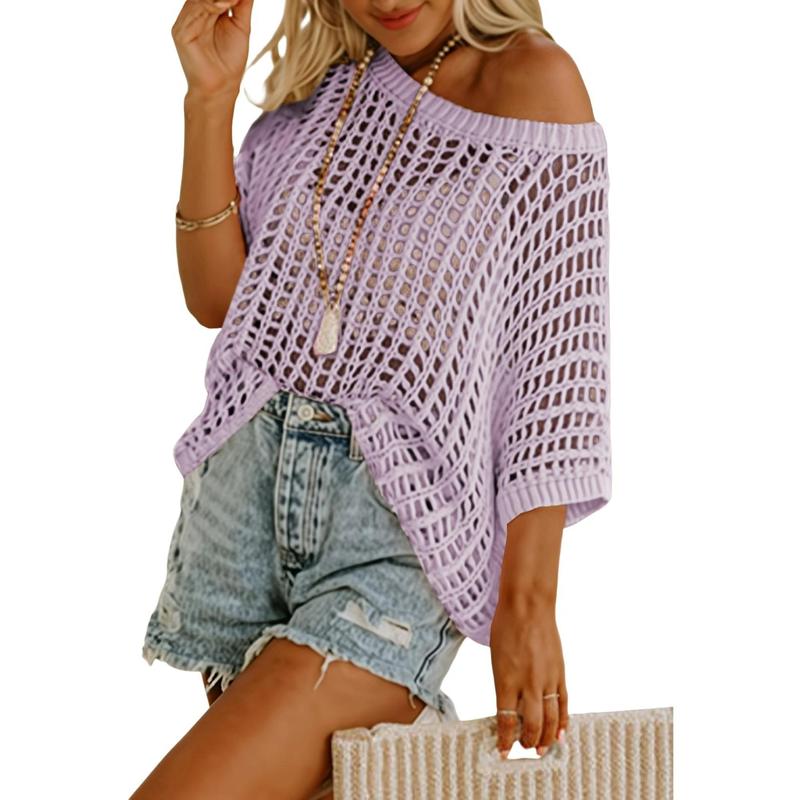 Dokotoo Womens Summer Scoop Neck Short Sleeve Sweater Casual Crochet Hollow Out Knit Tops Pullover Shirts Beach Coverup