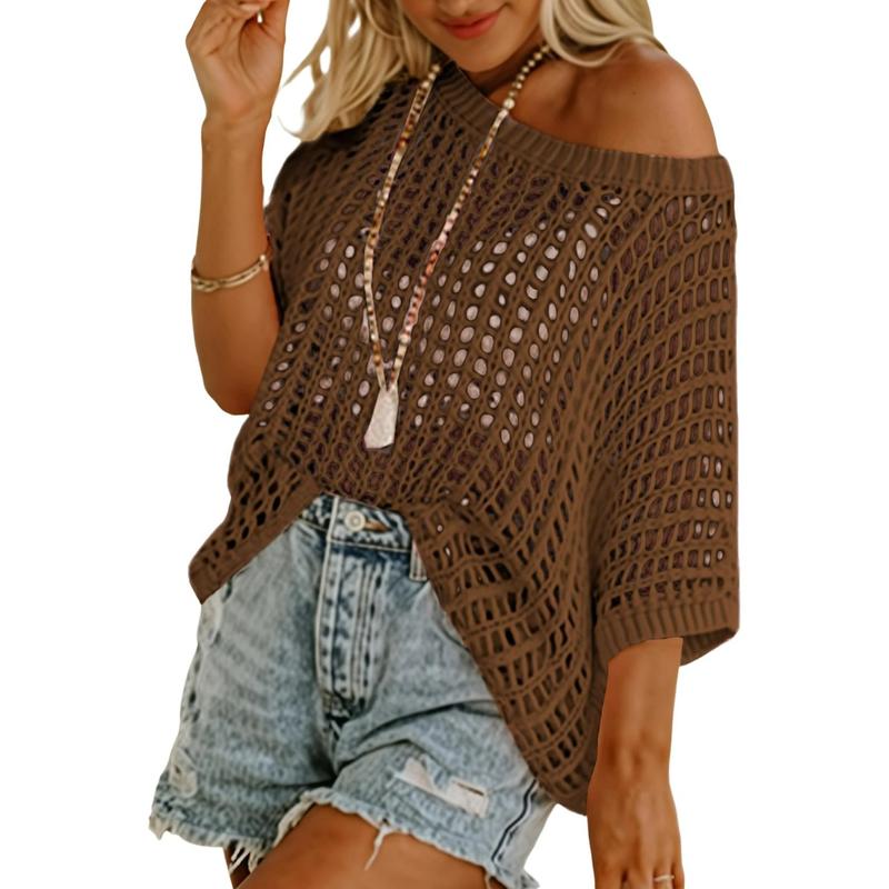 Dokotoo Womens Summer Scoop Neck Short Sleeve Sweater Casual Crochet Hollow Out Knit Tops Pullover Shirts Beach Coverup