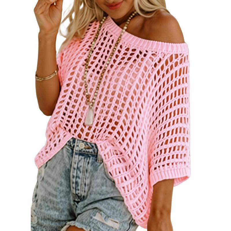 Dokotoo Womens Summer Scoop Neck Short Sleeve Sweater Casual Crochet Hollow Out Knit Tops Pullover Shirts Beach Coverup
