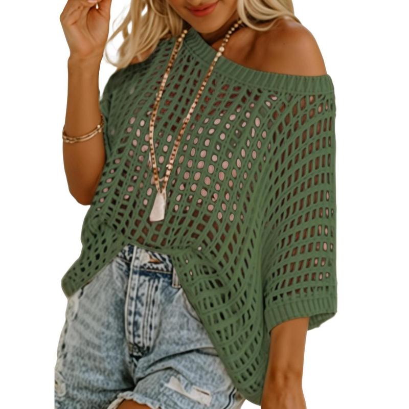 Dokotoo Womens Summer Scoop Neck Short Sleeve Sweater Casual Crochet Hollow Out Knit Tops Pullover Shirts Beach Coverup