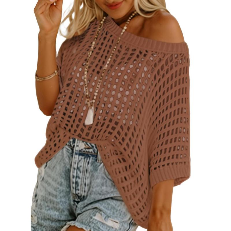 Dokotoo Womens Summer Scoop Neck Short Sleeve Sweater Casual Crochet Hollow Out Knit Tops Pullover Shirts Beach Coverup