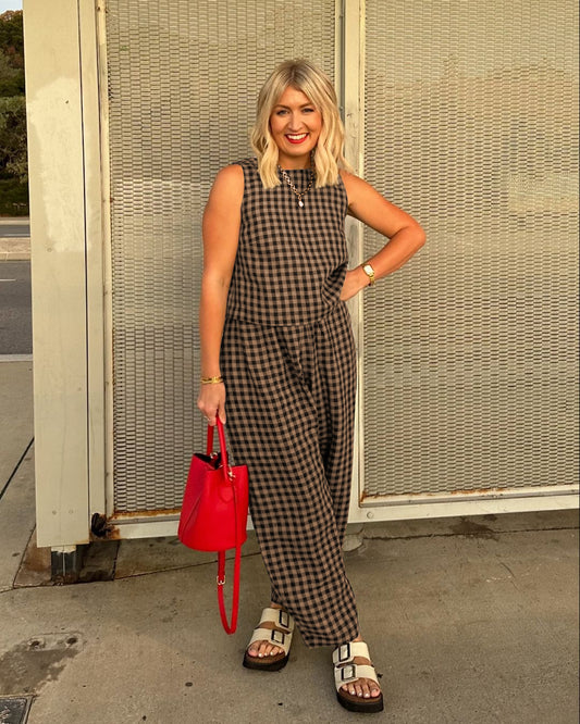Gingham Casual Sleeveless Vest and Pants Set