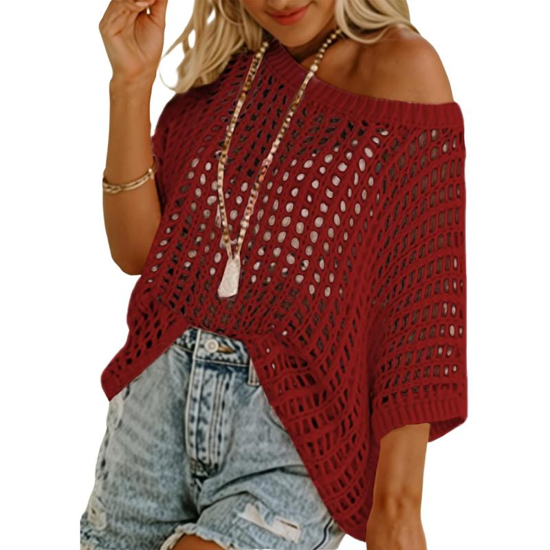 Dokotoo Womens Summer Scoop Neck Short Sleeve Sweater Casual Crochet Hollow Out Knit Tops Pullover Shirts Beach Coverup