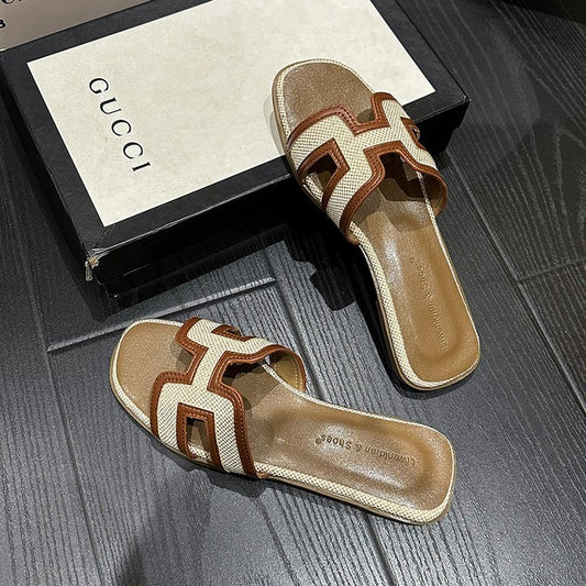 Sandals for Women Leather Outside Summer Casual Flats Slip-on